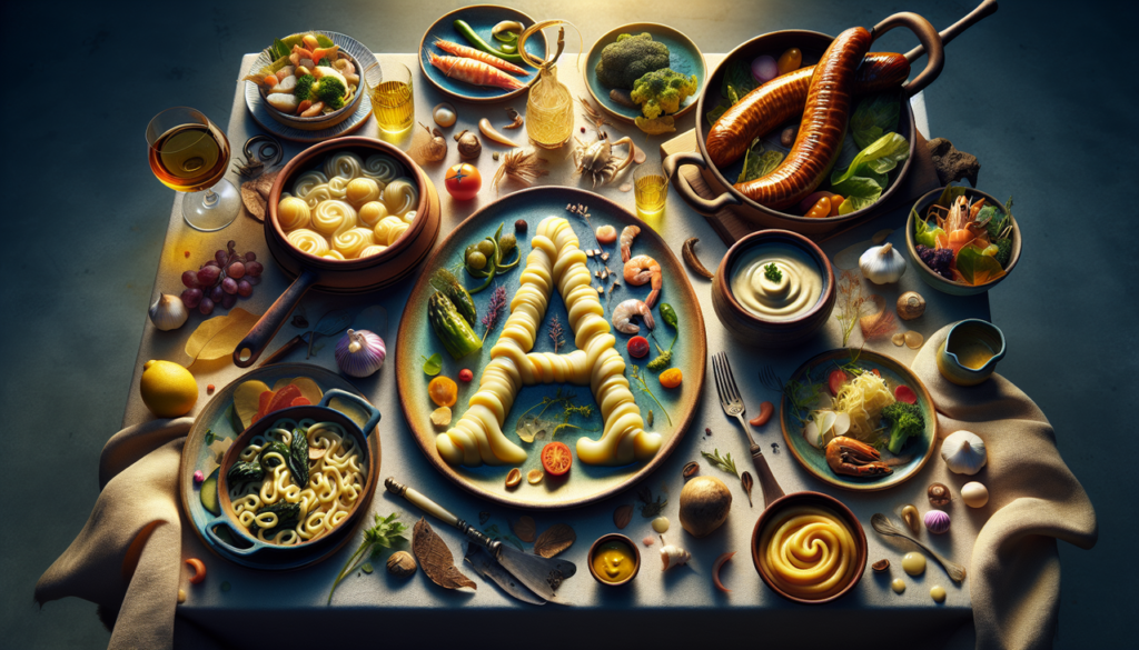 Plat en A avec Andouillette, Aligot, Aioli, accompagnés de sauces, légumes et herbes fraßches.