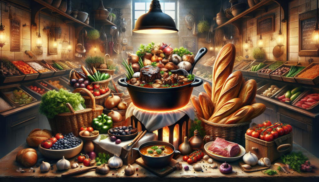 Plat en B : Assortiment gourmet de plats français (boeuf bourguignon, bouillabaisse, baguette) dans une scène de marché colorée et détaillée.