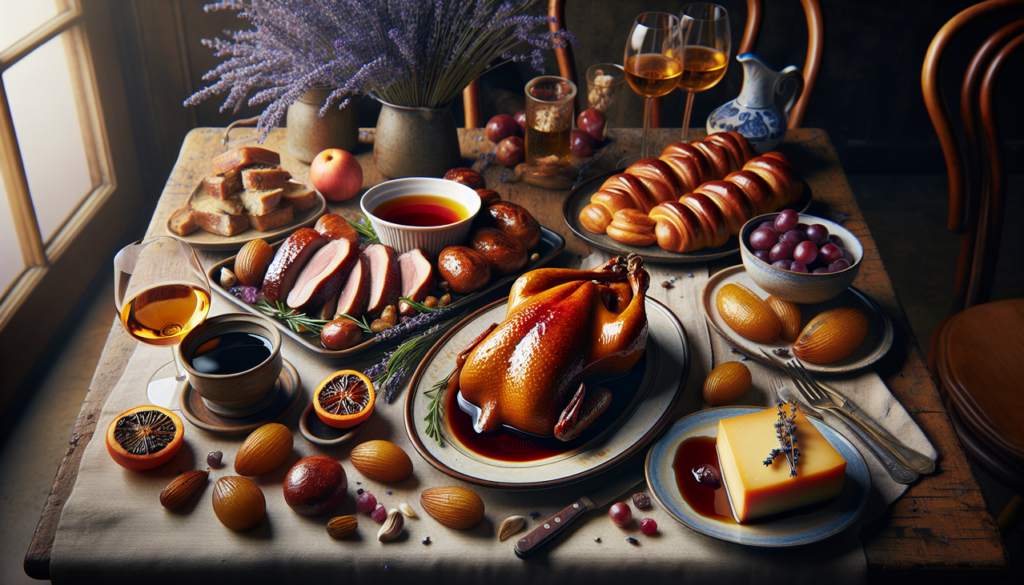 Afficher : "Plat en D - Duck à l'orange, Daube Provençale, Darioles, Délice de Bourgogne" - Composition gourmande française avec détails vivides.