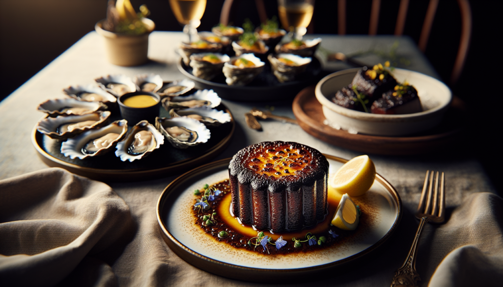 Plat en H gastronomique, hachis Parmentier doré, huitres juteuses sur glace et gateau au chocolat en forme de H glacé.