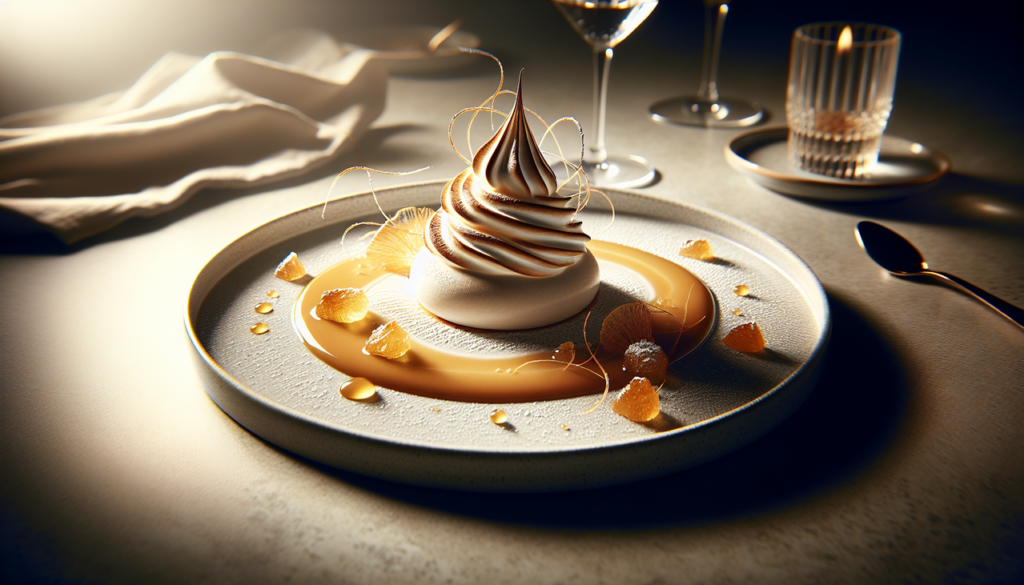 Plat en I, île flottante, meringue, crème anglaise, caramel, poudre sucre, ambiance fine dining.