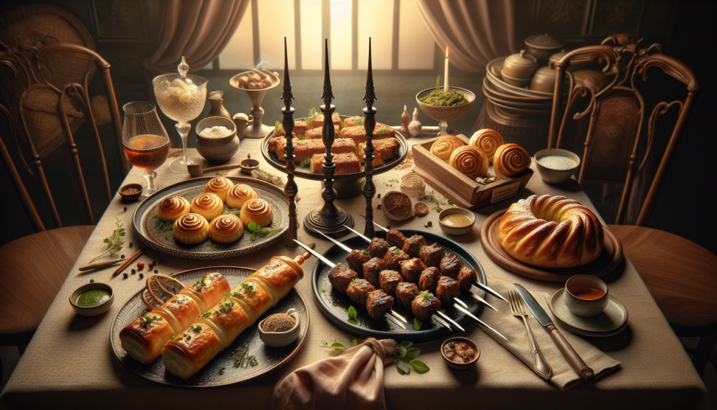 Plat en K : Kebabs, Koulibiac, Kugelhopf arrangés artistiquement sur une table élégante.