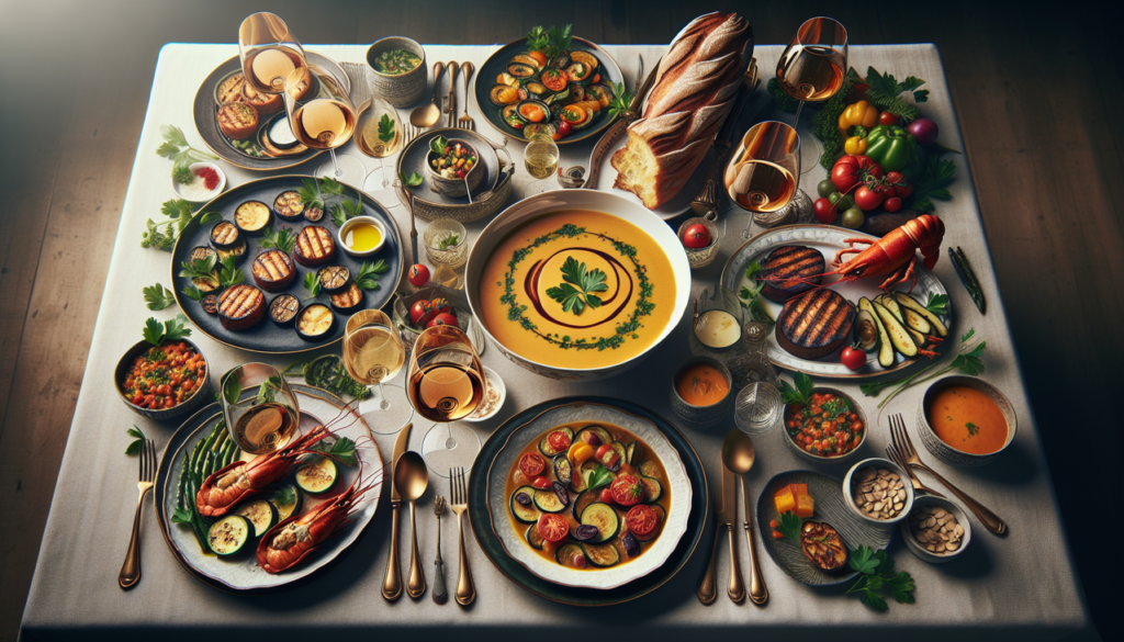 Plat en L sur une table raffinée avec homard bisque, côtelettes d'agneau, ratatouille, salade lentilles et pain campagne.
