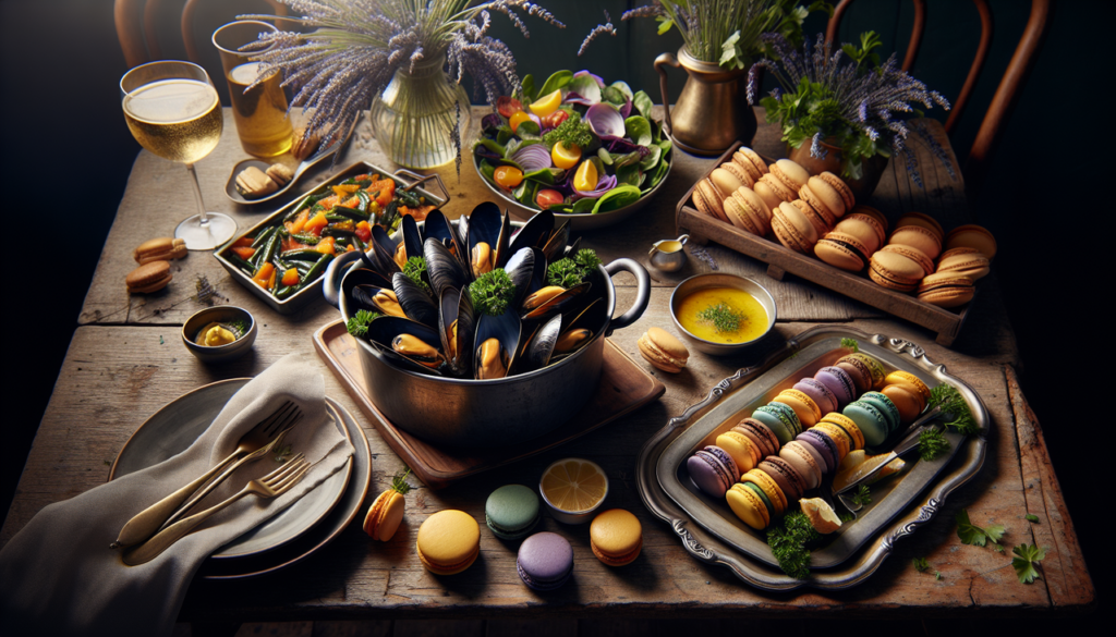 Plat en M sur table en bois : moules marinières, ratatouille, macarons et mesclun.