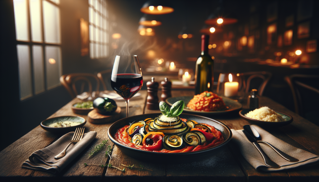 Plat en R : Ratatouille et Risotto frais et colorés sur une table en bois, ambiance chaleureuse.