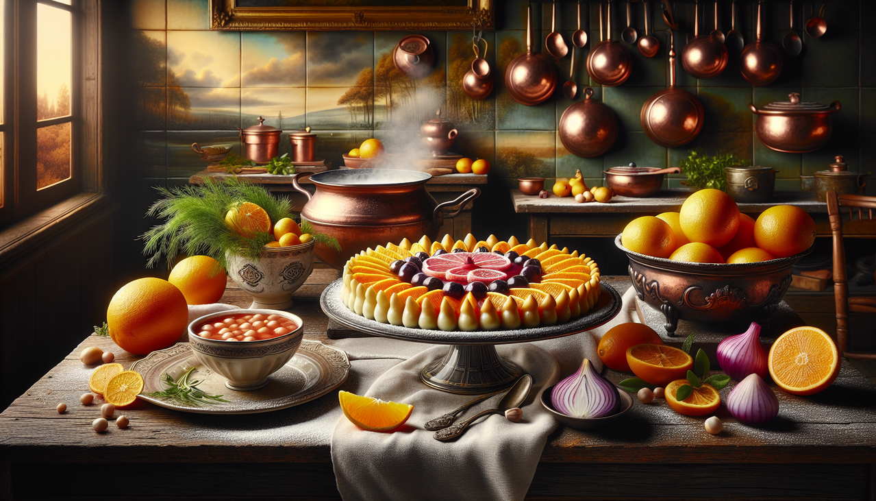 Plat en U : Divers plats français traditionnels sur fond de cuisine rustique.