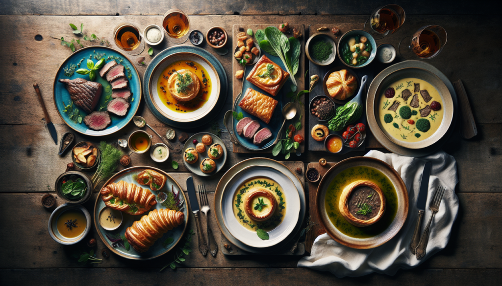 Afficher : "Plat en V : Veau, Vol-au-Vent, Velouté sur table en bois rustique avec éclairage naturel."