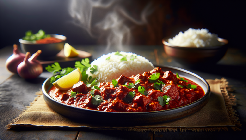 Plat traditionnel de Xacuti avec riz blanc et coriandre, sur assiette céramique sombre.