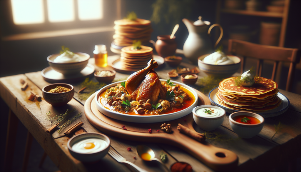 Plat en Y : Yassa, Yiaourti me meli, crêpes fermentées garnis, présentés artistiquement.