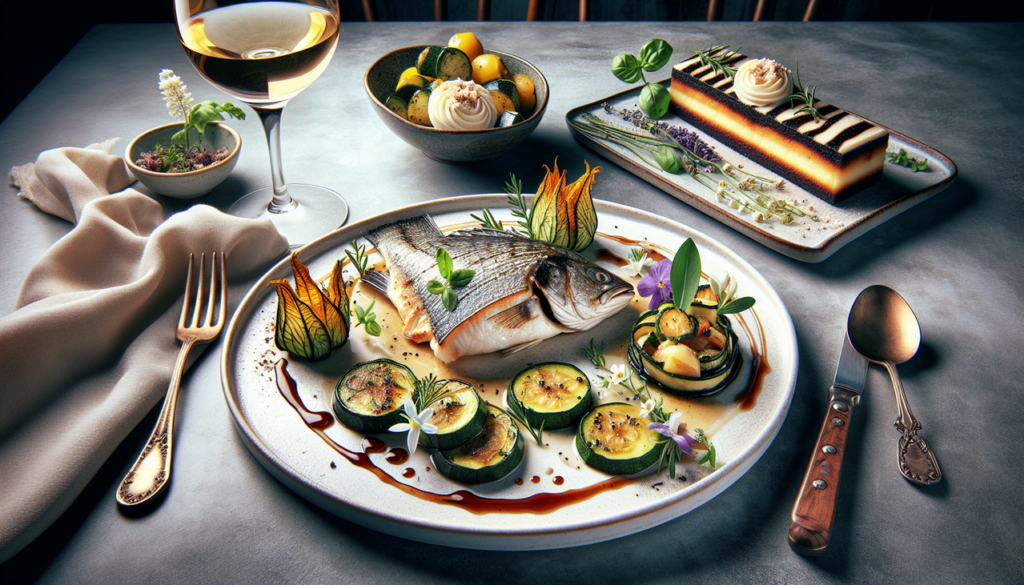 Montage élégant de plat en Z variés : Zander en sauce, fleur de courgette farcie et gâteau zébré, garnis d'herbes et fleurs comestibles.