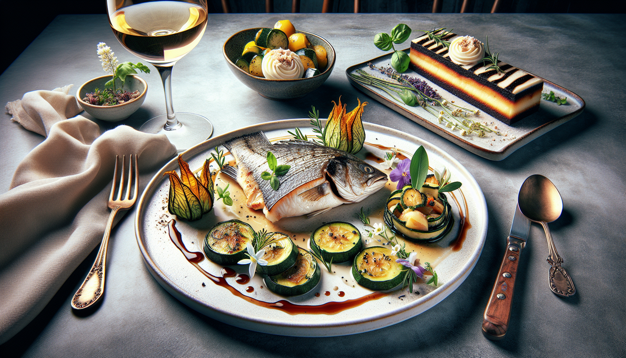 Montage élégant de plat en Z variés : Zander en sauce, fleur de courgette farcie et gâteau zébré, garnis d'herbes et fleurs comestibles.